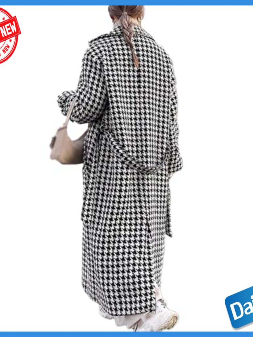 Women's Houndstooth Trench Coat Double Breasted Belted Long Overcoat - Picture 2 of 6
